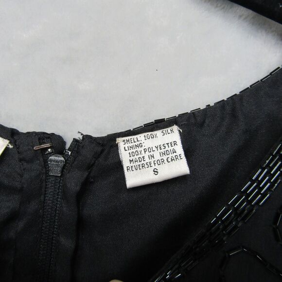 Laurence Kazar Black Gold Beaded Sequin Evening Dress Mini Short Sleeve Silk S - Picture 7 of 13